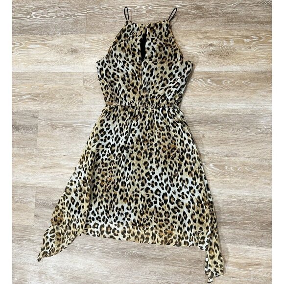 Aqua Sz XS Leopard Print Asymmetrical Blouson Elastic Waist Keyhole Halter Dress - Picture 1 of 6